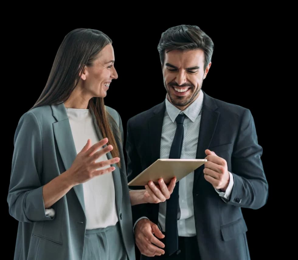 Two business professionals reviewing a partnership opportunity